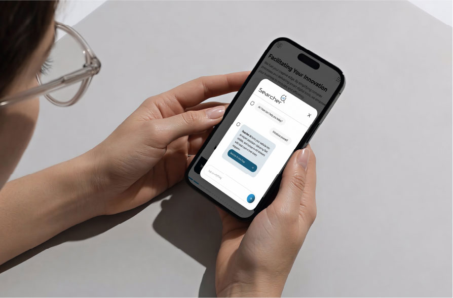 Searcher AI phone interface mockup